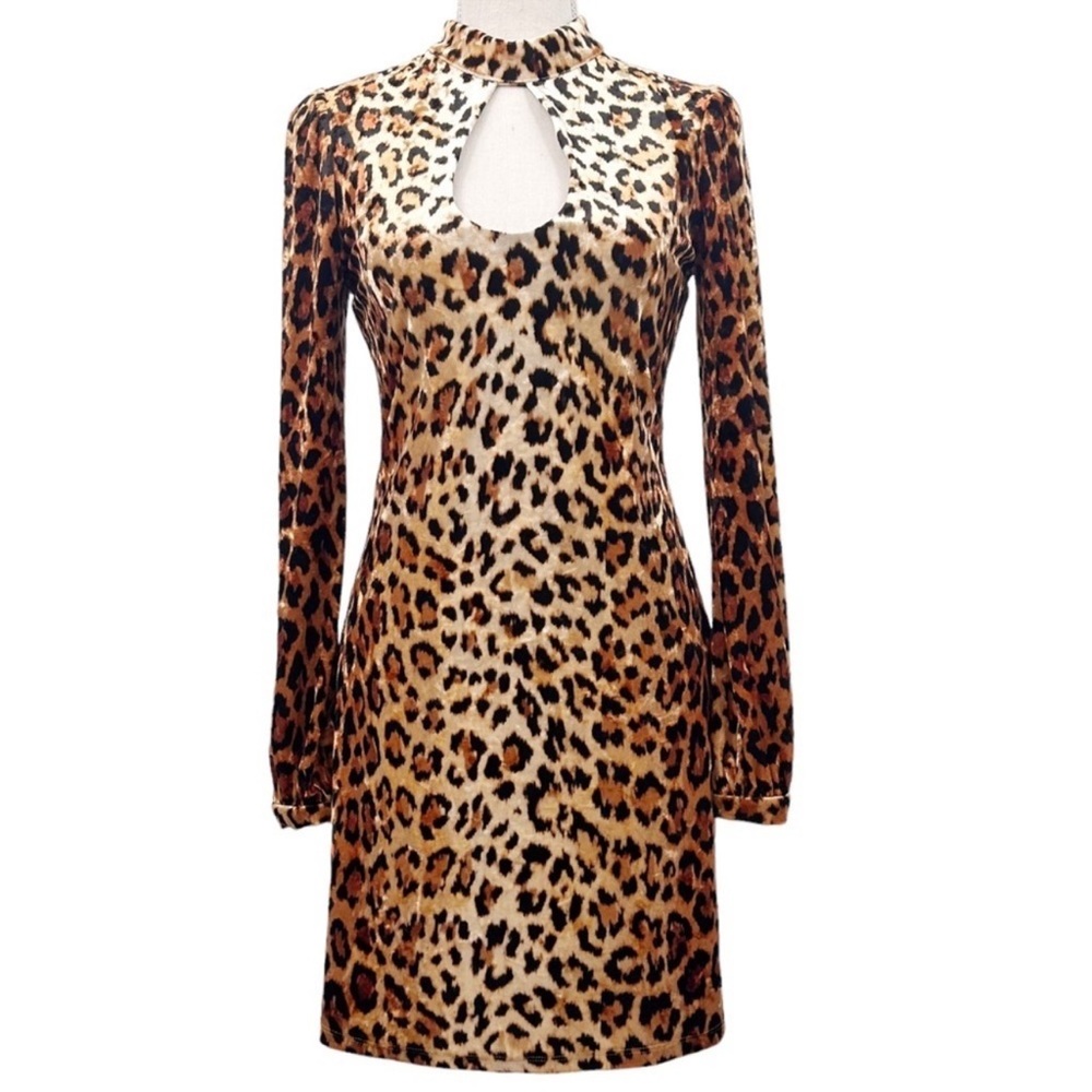 Silence + Noise Leopard Print Velvet Mini Dress Bodycon w Keyhole Cut Outs Sz M